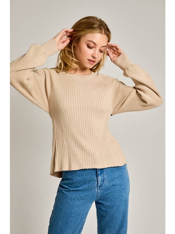 Beige Long Sleeve Crew Neck Ribbed Open Back Sweater for wholesale on Faire