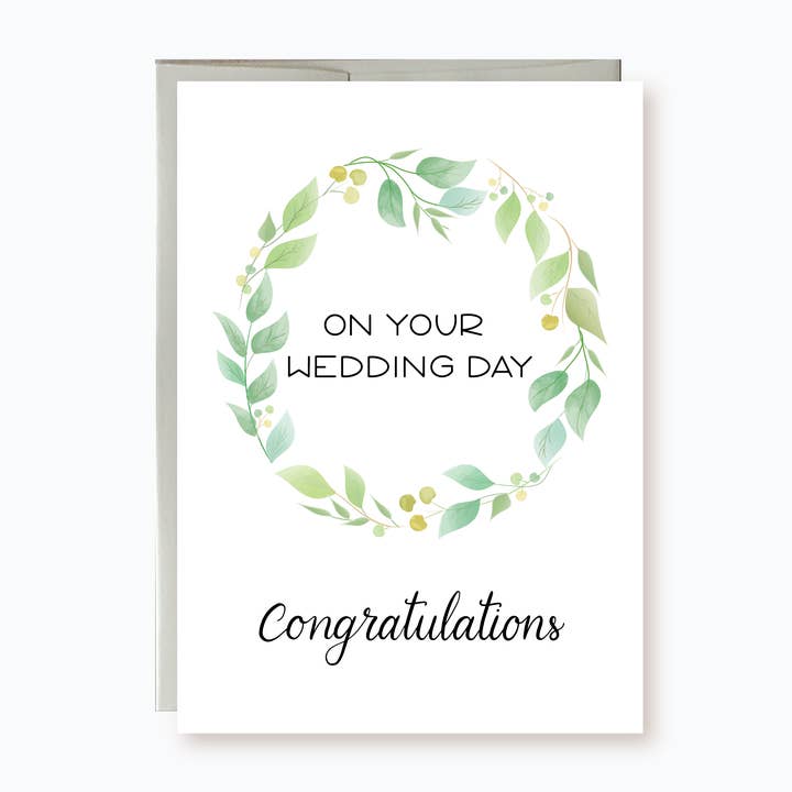 Congratulations Wedding Wishes Card with Green Leaves Wreath for wholesale by Hemana Paperie