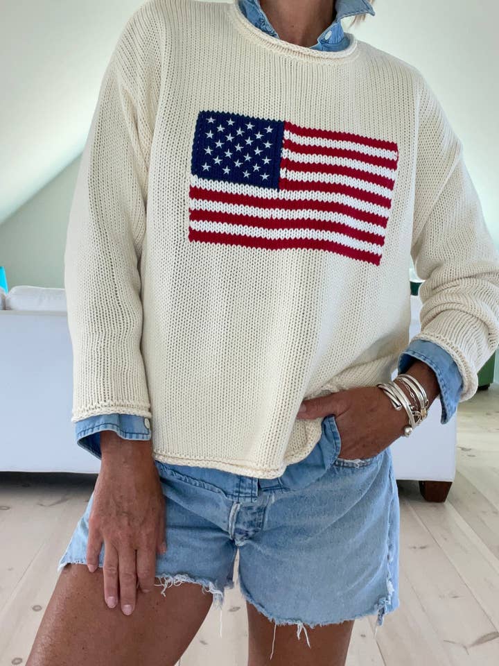 Pink Pineapple - Vente Pull en maille – femme - Pull à col roulé Chloe Flag en crème1