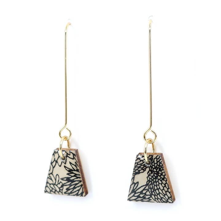 Black/Cream floral long earrings with 18K gold plated hook for wholesale by autumn + tree