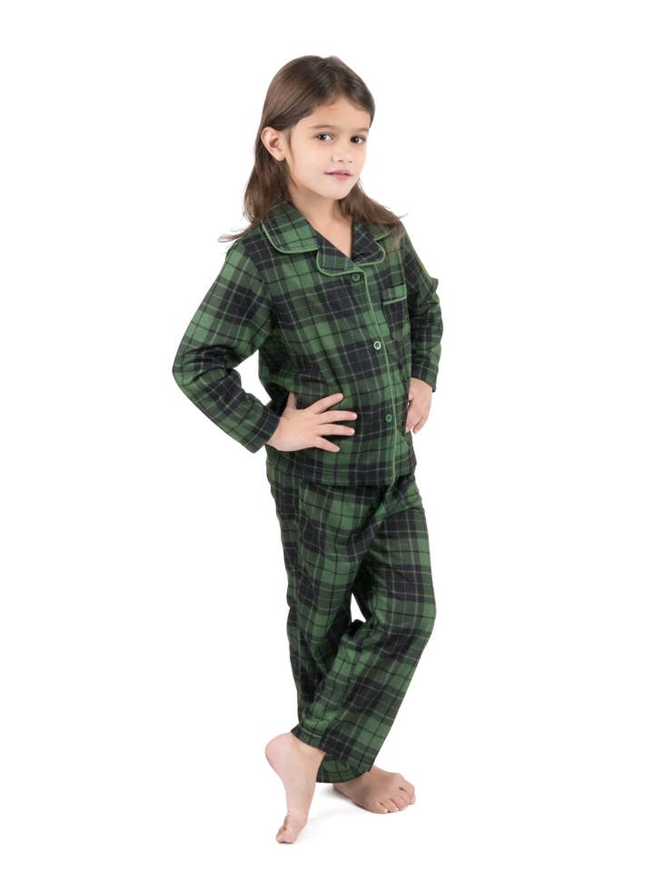 Kids Two Piece Flannel Pajamas Black & Green Plaid Christmas for wholesale by Leveret Pajamas