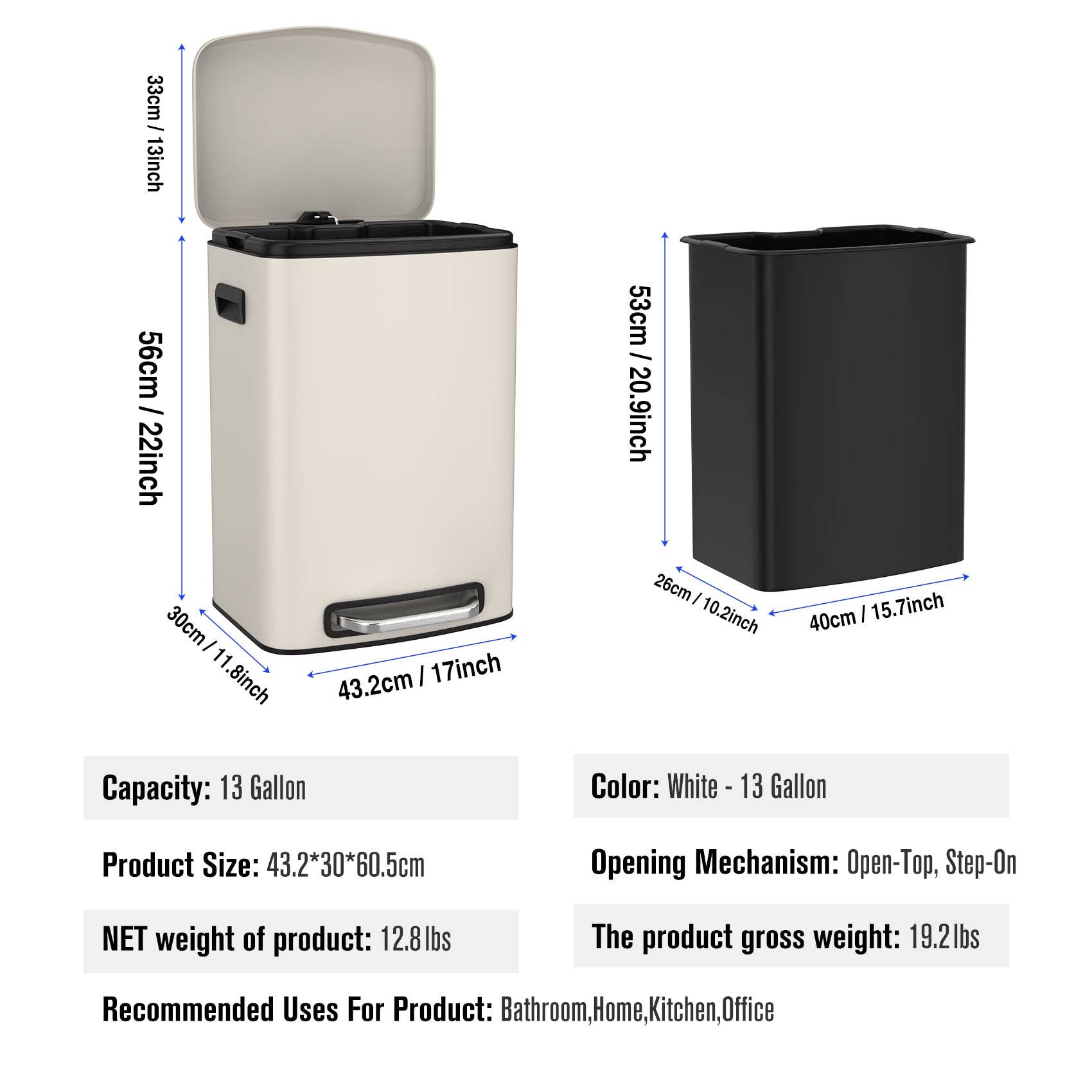 39F Inc. - Wholesale Trashcan/Trash Bin - 13 Gallon White Steel Kitchen Trash Can - Foot Pedal19