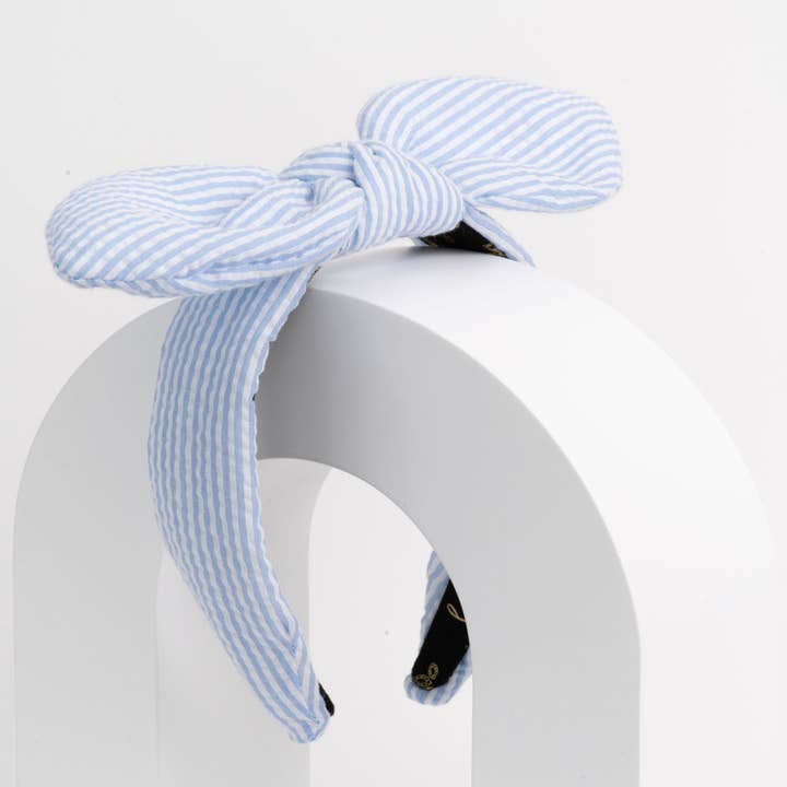 Periwinkle Blue Seersucker Bow Headband for wholesale by La Bella
