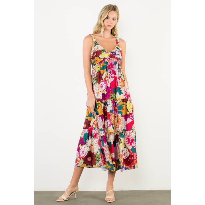 FUSCHIA Floral Strap Tiered Maxi Dress for wholesale on Faire2