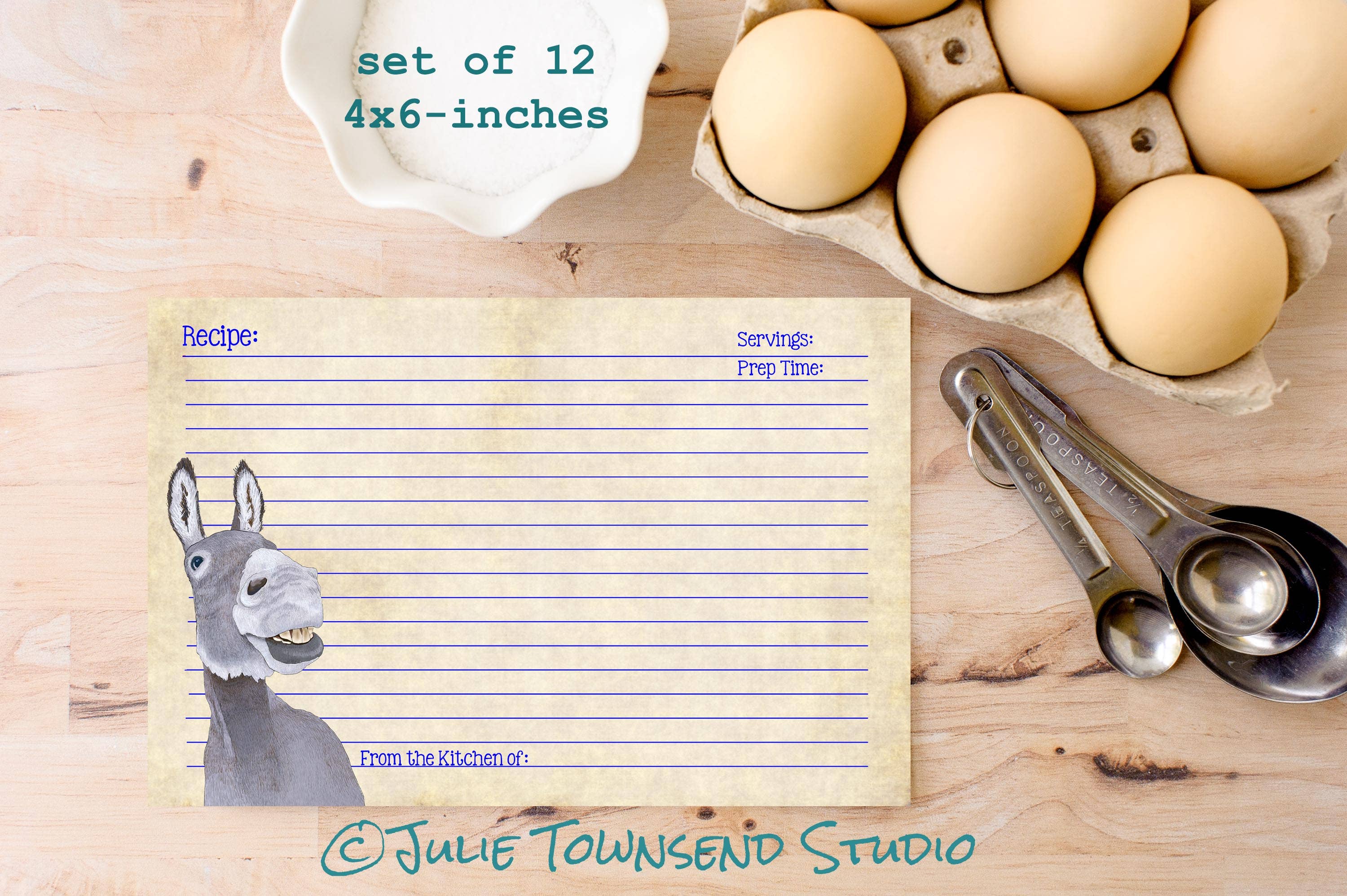 Julie Townsend Studio - Wholesale Recipe Card - Recipe Cards - Set of 12 Cute Donkey Recipe Cards - 1131