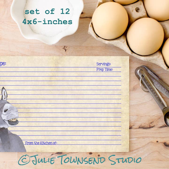 Julie Townsend Studio - Wholesale Recipe Card - Recipe Cards - Set of 12 Cute Donkey Recipe Cards - 1131