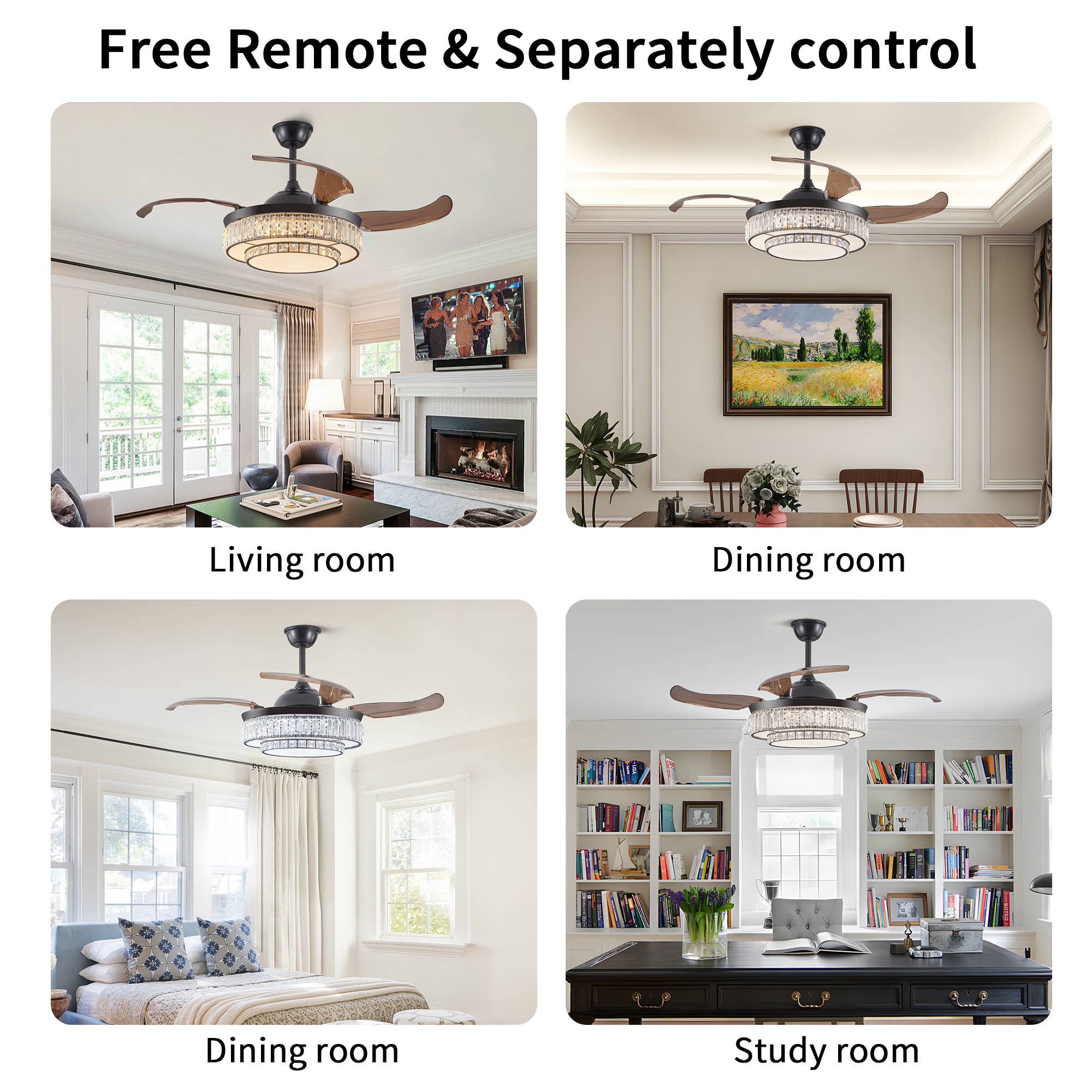 Black LED Retractable Ceiling Fan with Light and Remote Control for wholesale on Faire8