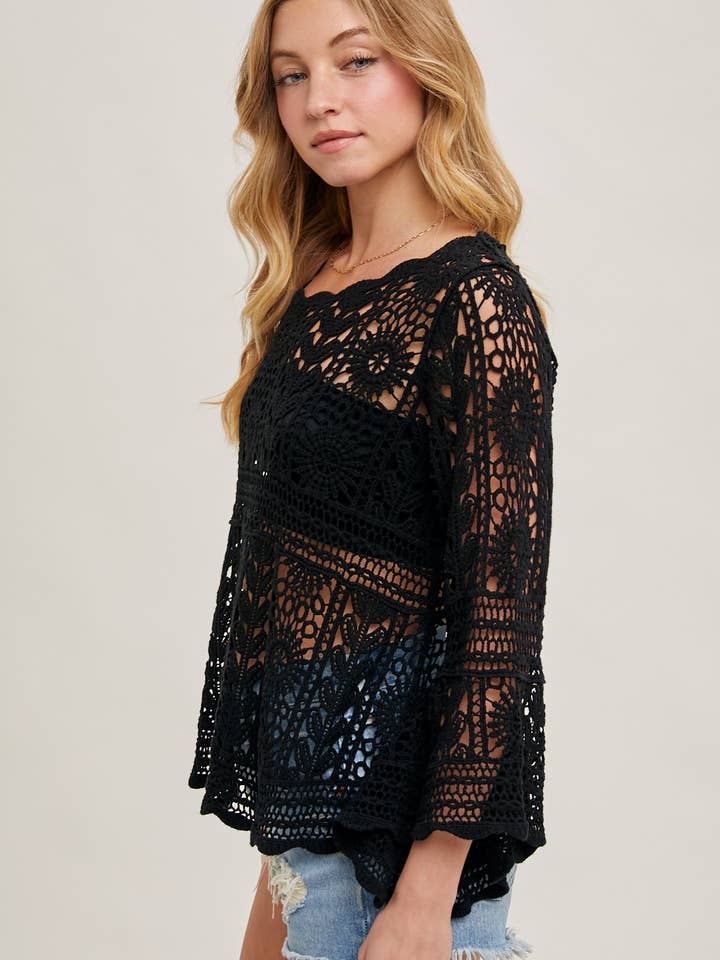 Bluivy - Wholesale Knit Top - Women's - CROCHET SHEER BELL-SLEEVE PULLOVER TOP19