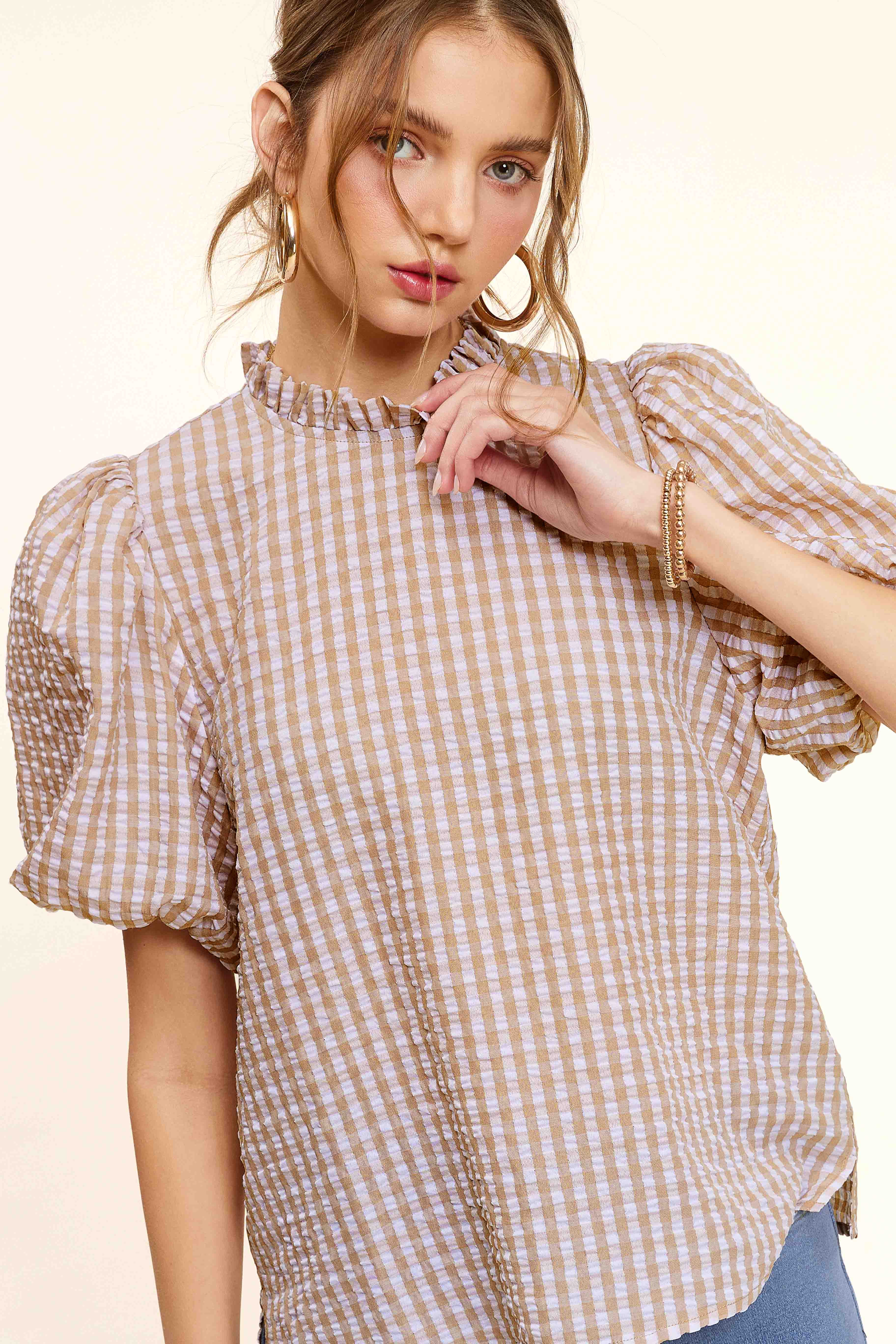 La Miel - Wholesale Blouse - Women's - HCT7697-Gingham Check Print Lovely Puff Short Sleeve Top11