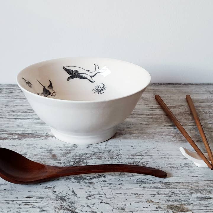 Cerámics & co - Venta al por mayor Bol de mesa - Cuenco para ramen con cuchara y palillos, "Fauna marina"