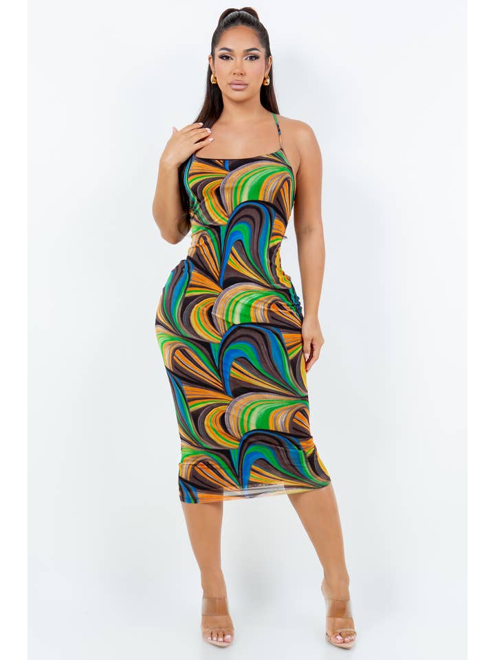 MULTI D14026 MESH PRINT DRESS SPAGHETTI DRESS WITH LINING AND OPEN for wholesale on Faire