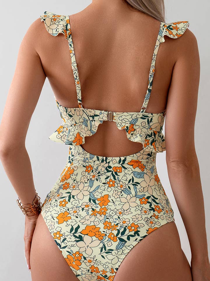 New print tight little fresh yellow one-piece swimsuit for wholesale on Faire