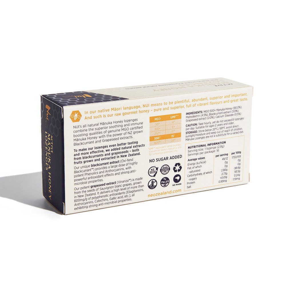 Koru - Wholesale Lozenges/Cough Drops - NUI Active Mānuka Honey Lozenges with Blackcurrant & Grapeseed Extracts - MGO 500+ | UMF 15+ | Pack of 162