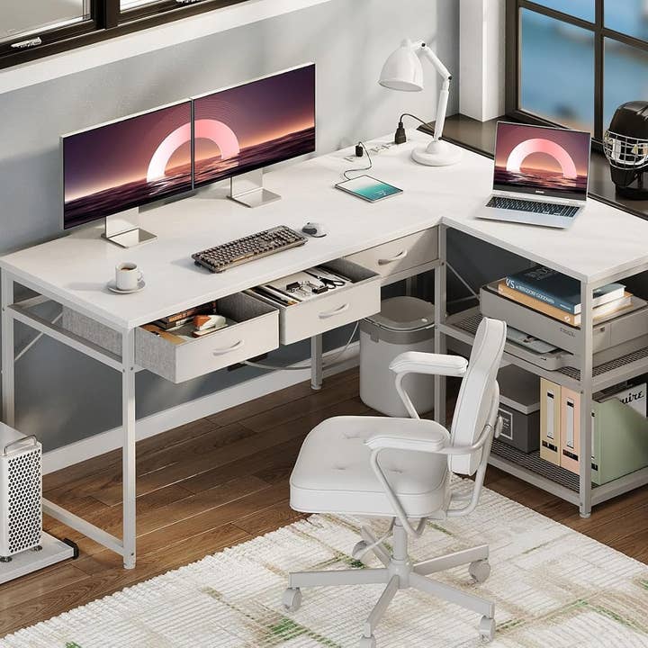 White 53In LShaped Computer Desk With Power Outlets Home Office for wholesale on Faire1