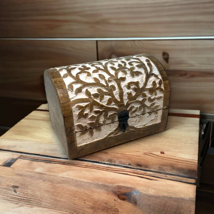 Wilco Home - Wholesale Decorative Box - Hand-Carved Wood "Tree of Life"Hinged Box Spring Chest