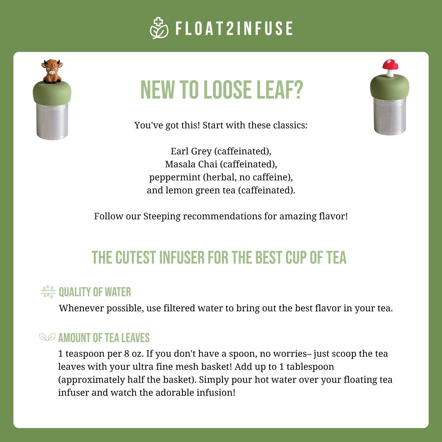 Float2infuse Tea Infuser – Großhandel Teesieb/-Infuser – Hexagon | schwimmender Teekessel | grüne Basis | Kräutermuster17