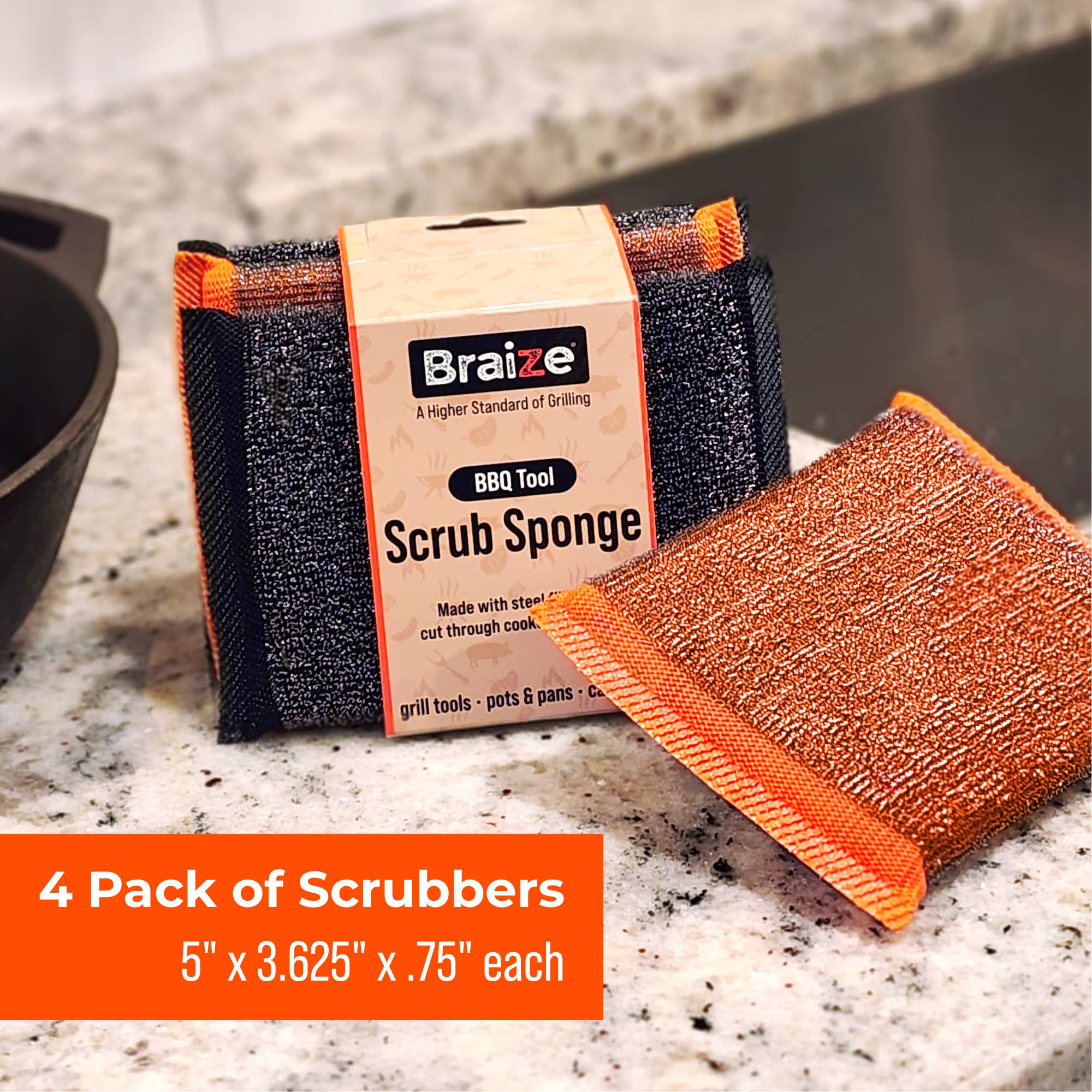 Braize - Wholesale Cleaning Sponge - Heavy-Duty Steel Wool Scrubber Sponges – 4-Pack7