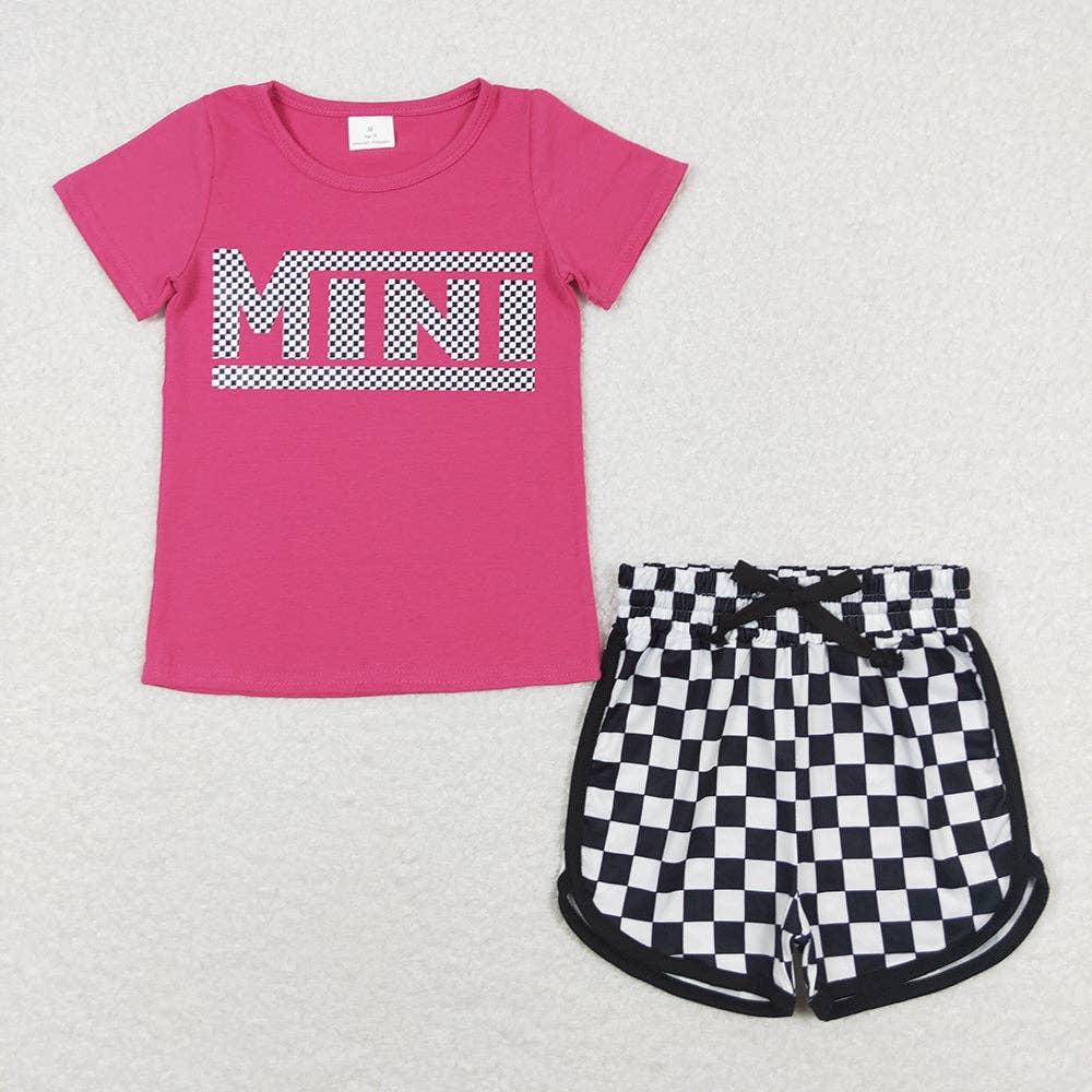 Aier Wholesale - Wholesale Mommy & Me Sets - Mommy and Me Adult Baby Girls Mini Pink Shirt Checkered Shorts Outfits1