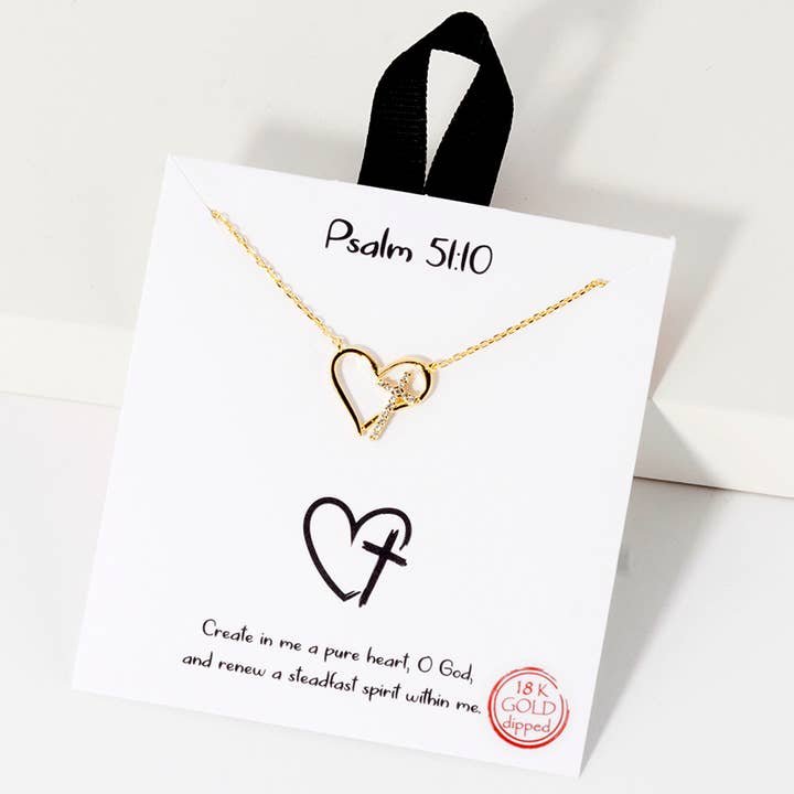PSALM 51 10 HEART AND CROSS CUBIC ZIRCONI ACCENT NECKLACE for wholesale by SOPHIA WHOLESALE