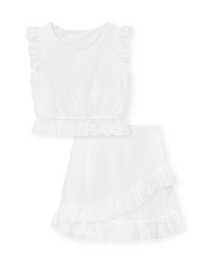 White GKSS-3315B Girl's 2 pc Eyelet Skirt Set w/ Ruffle for wholesale on Faire