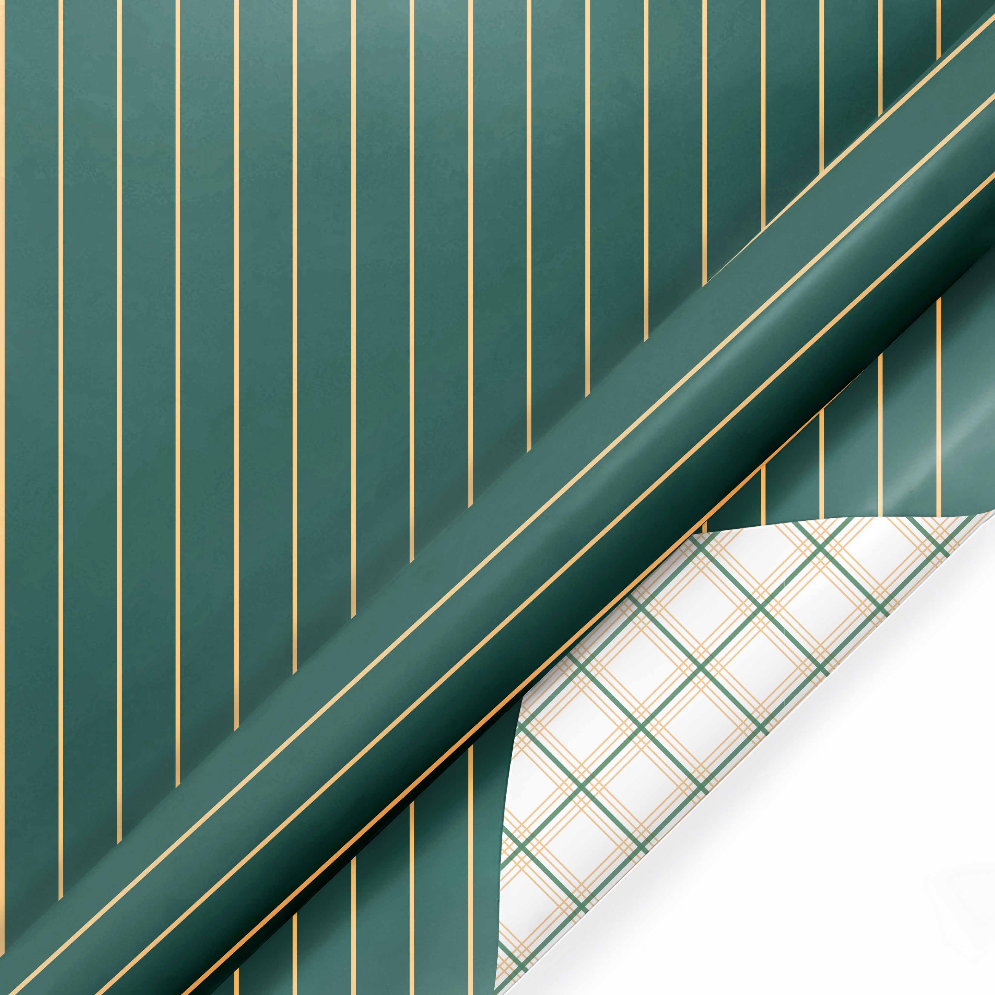LA Ribbons Wholesale - Wholesale Wrapping Paper Roll - 30" x 10' Reversible Holiday Wrapping Paper | Gold on Green Pinstripe/Green and Gold Bias Plaid0