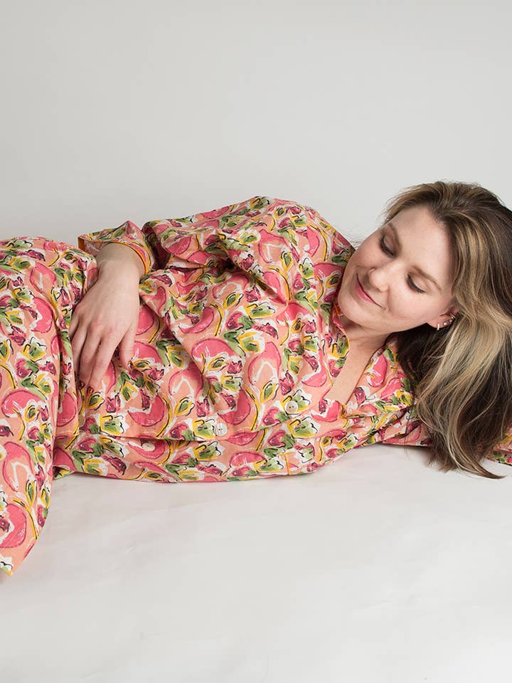 The Una. Pure cotton floral crew neck button down dress for wholesale by Loungewear by I am in pajamas