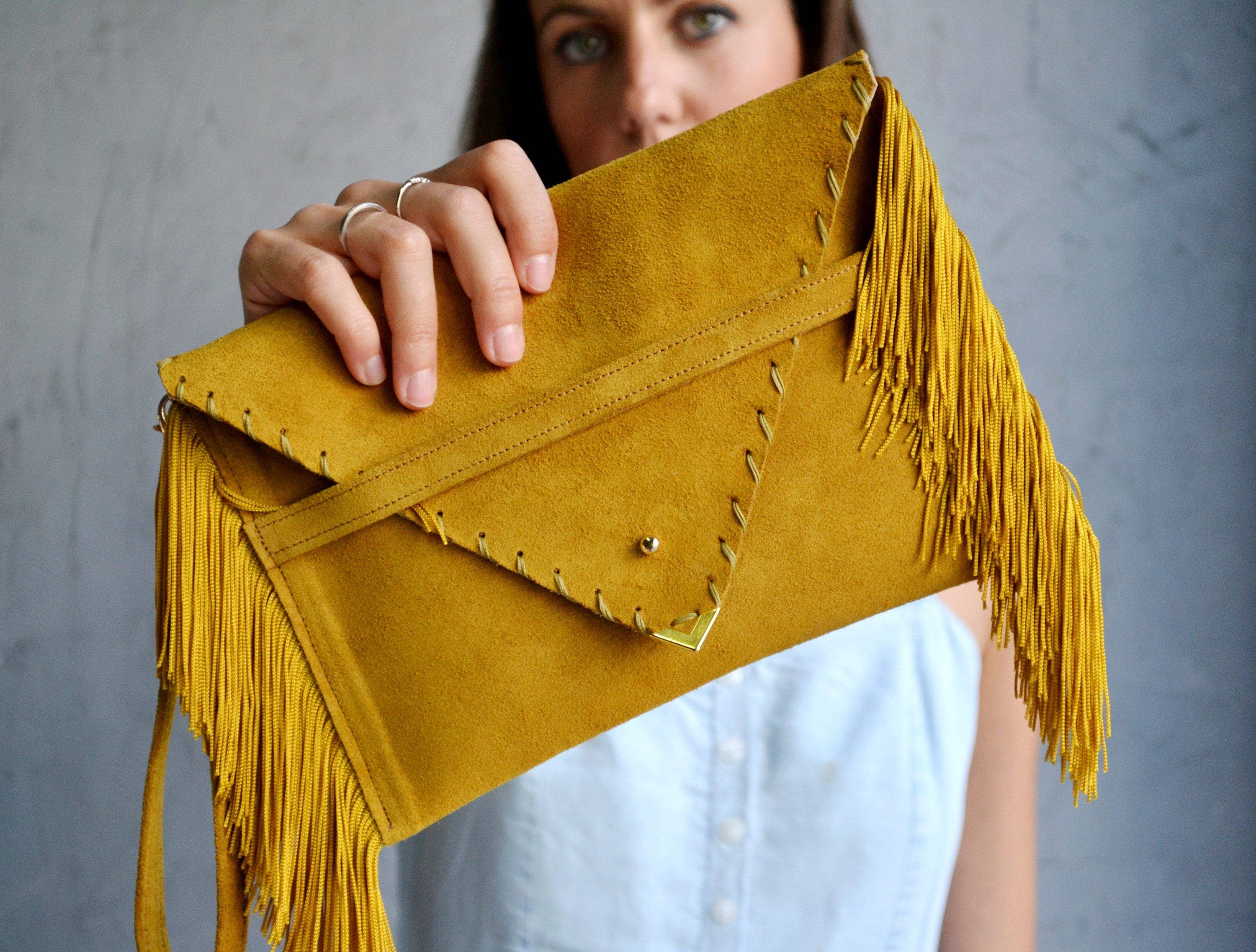 ANA KOUTSI - Wholesale Clutch Bag - Women's - Medusa Clutch in mustard with silk fringes6