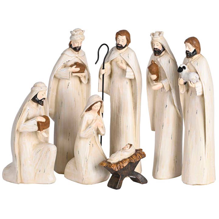 Nativity 7 Piece 11H White Carved Wood for wholesale by Dicksons