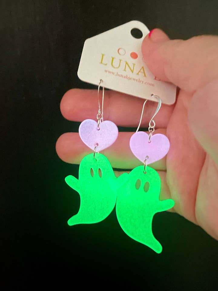 Glow-in-the-Dark Ghost Earrings – Halloween Acrylic Jewelry for Sensitive Ears for wholesale by Luna B Jewelry