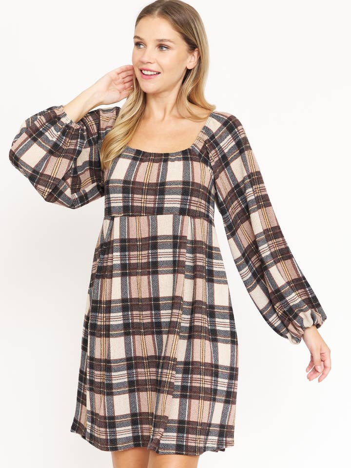 Kariertes Midikleid mit Ballonärmeln für den Großhandel von EG fashion