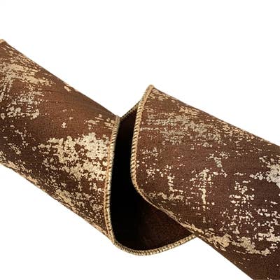 David Christopher's Collection - Wholesale Ribbon - Gift Wrapping - BROWN FAUX DUPIONI GOLD ABSTRACT RIBBON 4"X10YD