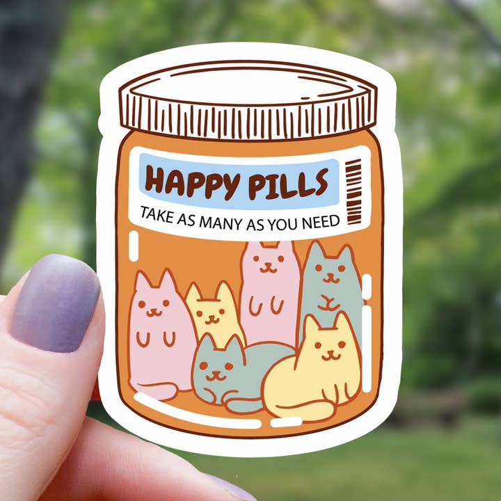 Happy Pill Cat Bottle Sticker - 3" for wholesale by Mimic Gaming Co