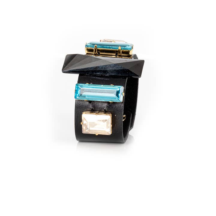 Bracciale in Pelle Nera con Cristalli Blu e Champagne per la vendita all'ingrosso da parte di The Dark
