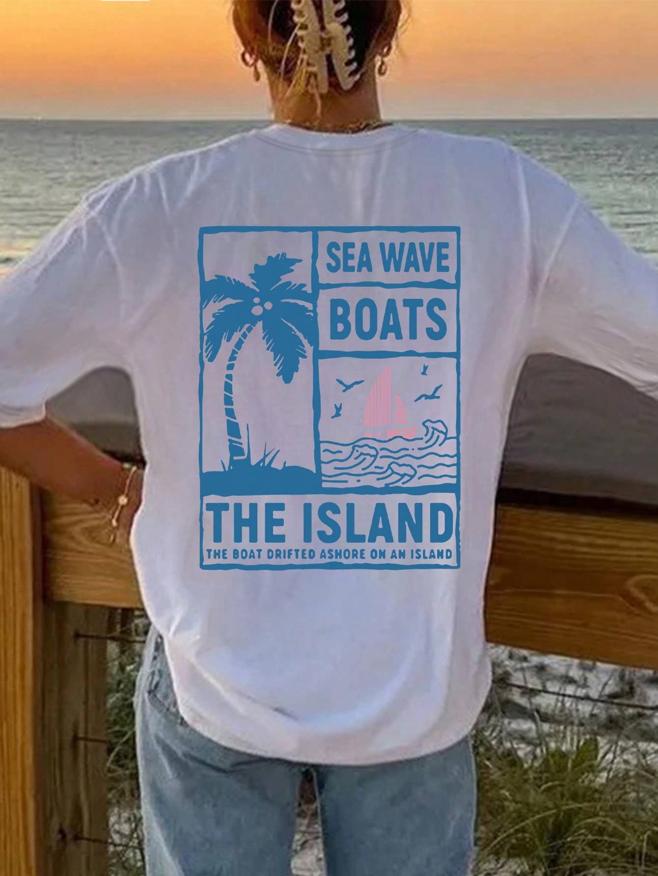 Rosa Clothing - Wholesale T-Shirt - Women's - Summer Palm Tree & Boats Graphic T-Shirt2