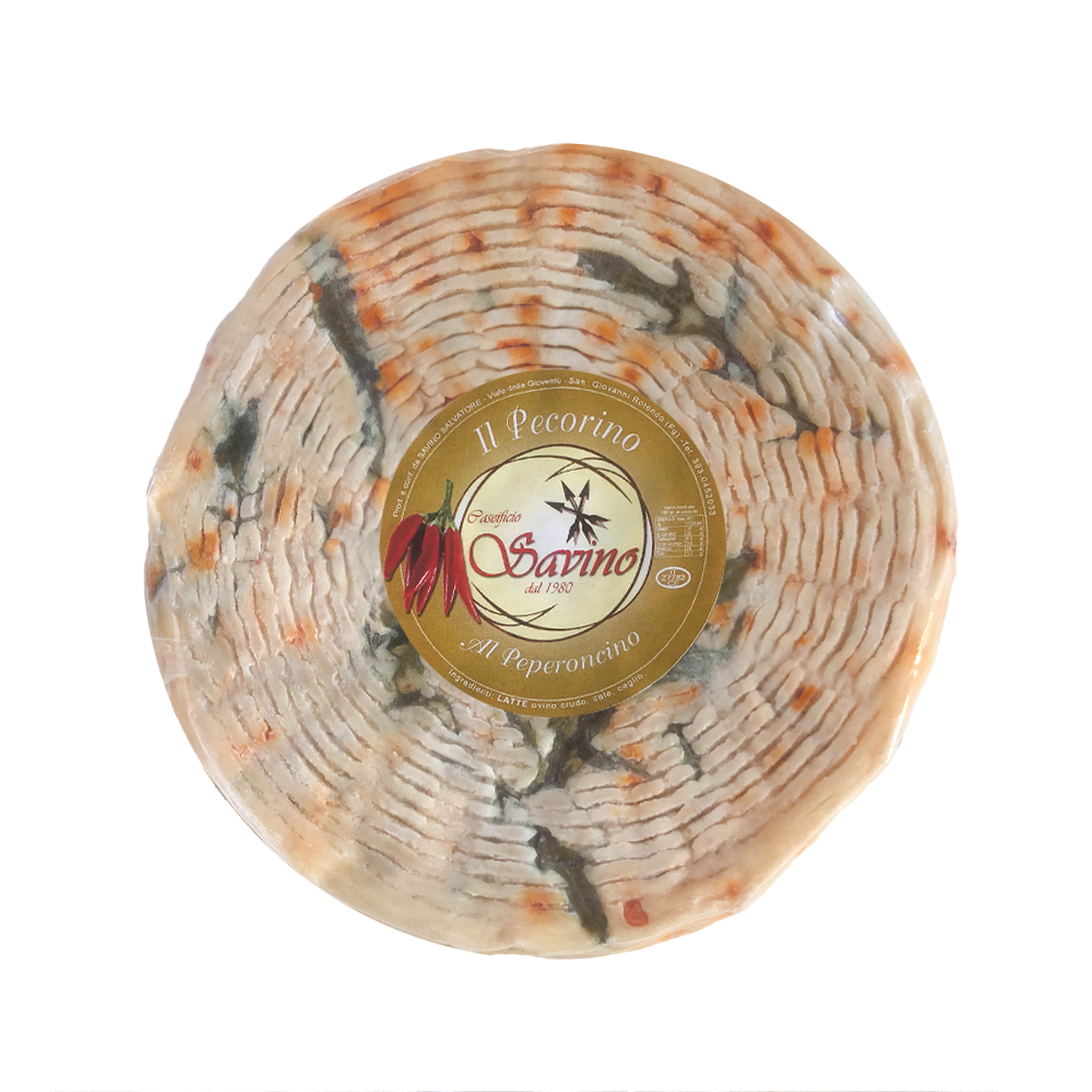 OLIO DI SERRA - Vendita all'ingrosso Formaggi - Pecorino al peperoncino, rucola, olive - Pecorino al peperoncino, rucola e olive nere al latte di pecora del Gargano (1kg)0