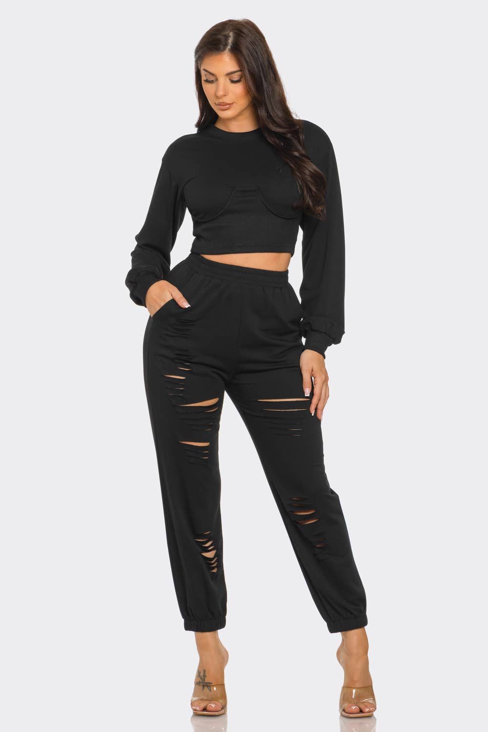 Julia by LoveJ - Wholesale Top & Pant Set (NOT Loungewear) - Women's - Round Neck Solid Top And Laser Cut Pants Set1