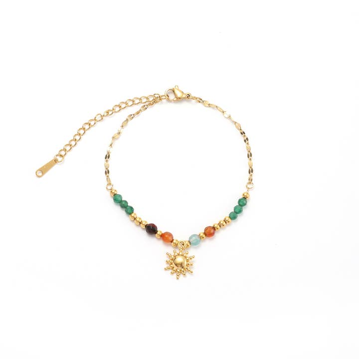 Natural Stone Bead and Sun Bracelet in Multi & Gold for wholesale by White Leaf