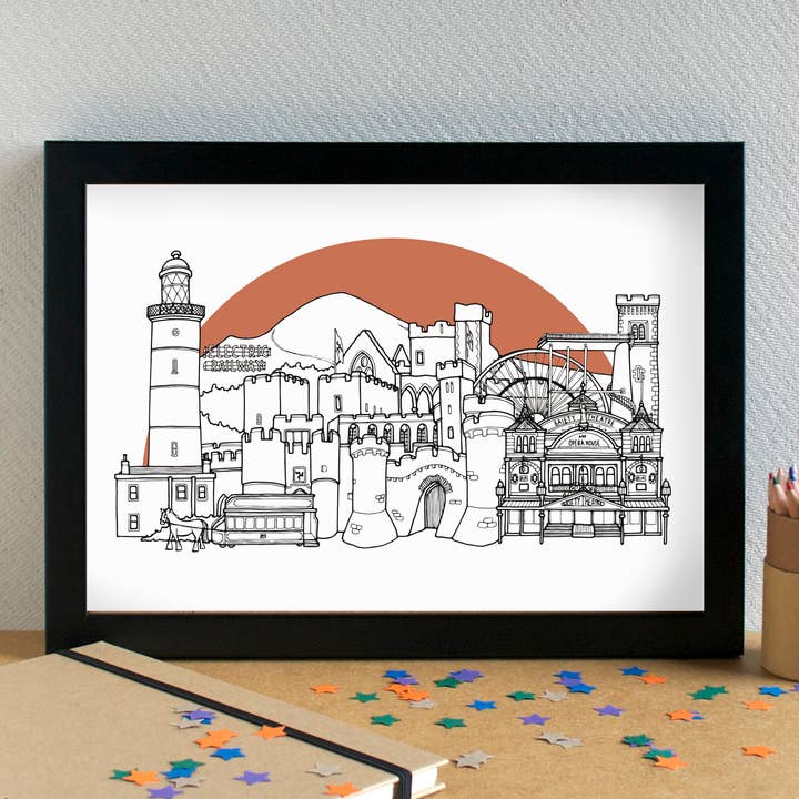 Isle of Man Skyline Landmarks Art Print - unframed for wholesale by Becka Griffin Illustration