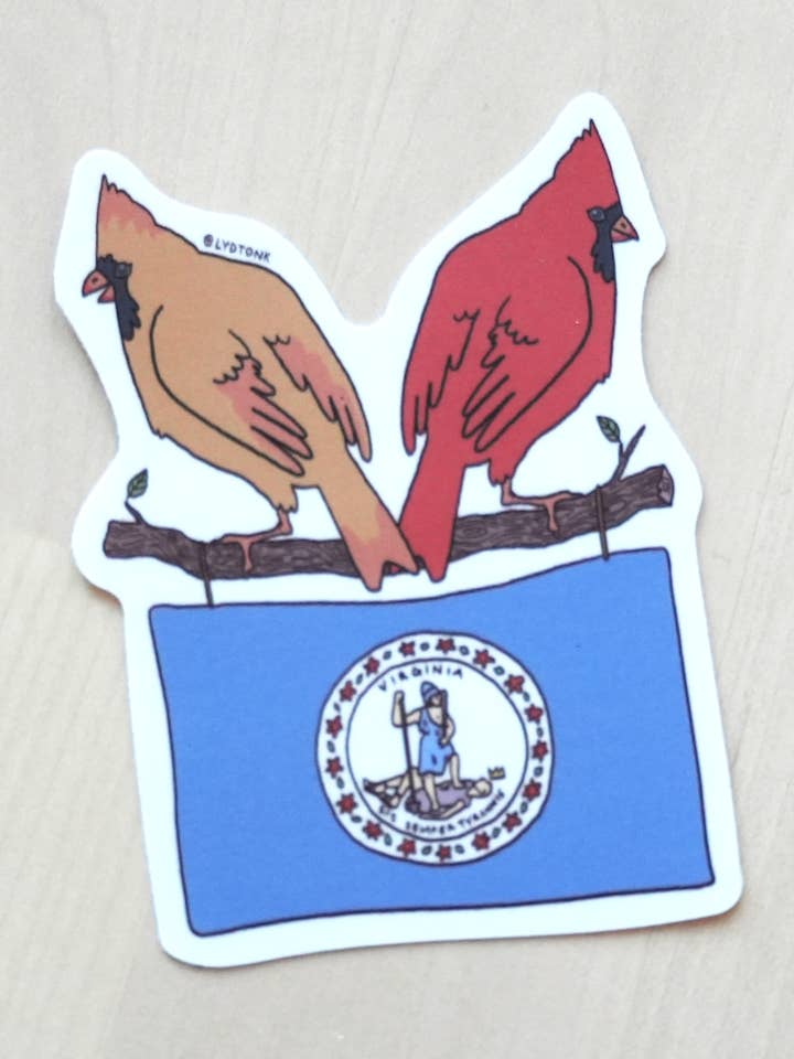 Virginia- Northern Cardinal - 3" State Bird and Flag Sticker for wholesale by Lydia Tonkonow Art and Design LLC