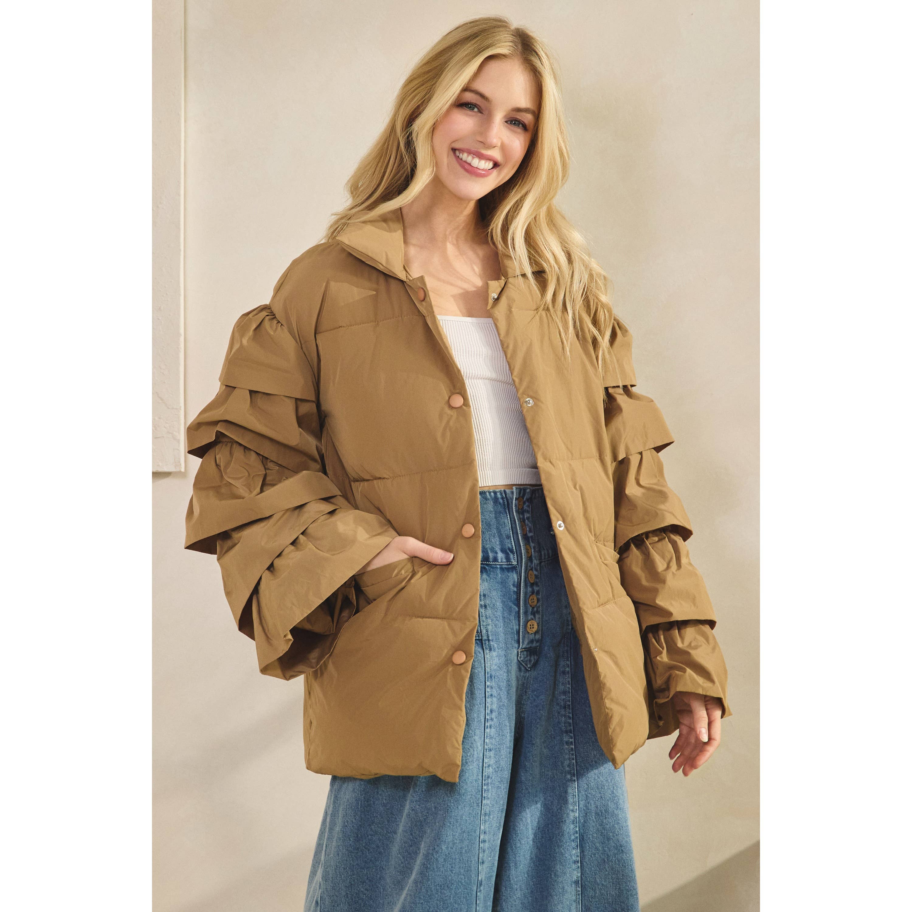 Veveret - Wholesale Jacket - Women's - Tiered Ruffle Long Sleeve Padded Jacket1