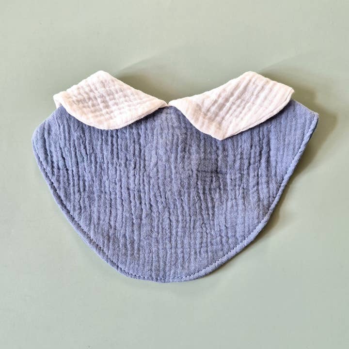 3-layer Muslin Bib / Drool Bib with Cute Collar - Grey Blue for wholesale by Rammelaartje