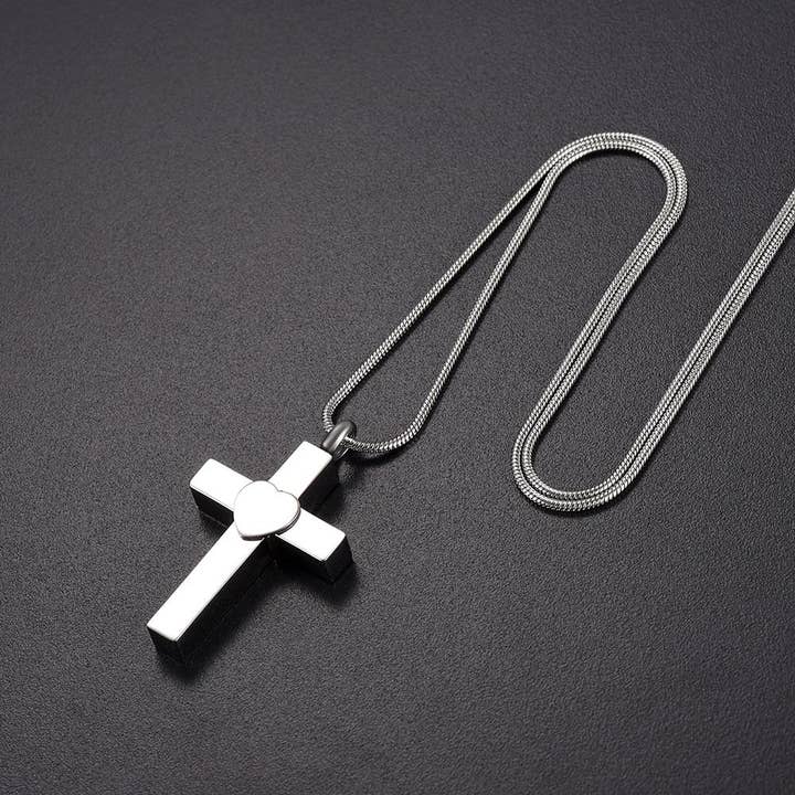 Silver Cross With Heart Cremation Urn Necklace for wholesale by Cherished Emblems