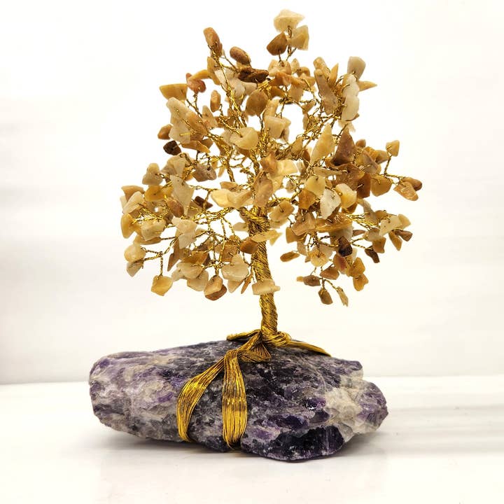 Árbol de piedras preciosas: ágata dorada con base de amatista y alambre dorado para venta al por mayor de Meraki Gemstones