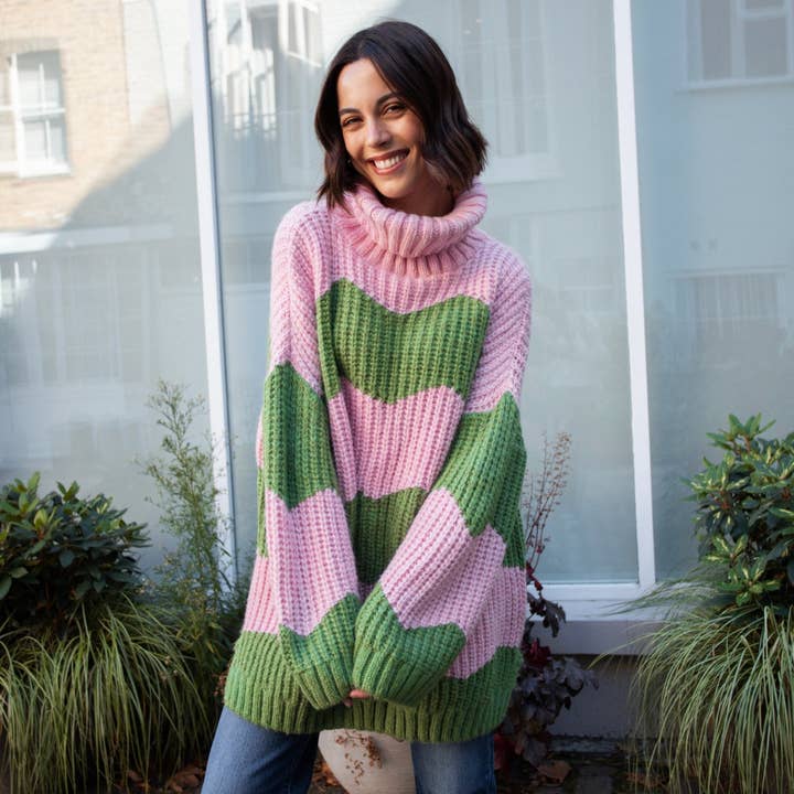 Cara & The Sky - Wholesale Dress - Women's - Nelly Chevron Roll Neck Knitted Jumper Dress - Pink8