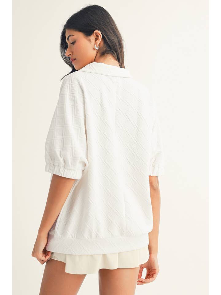 Little Daisy Closet - Wholesale Blouse - Women's - LDC Colorblock Zipper Collar Puff Sleeve Textured Blouse