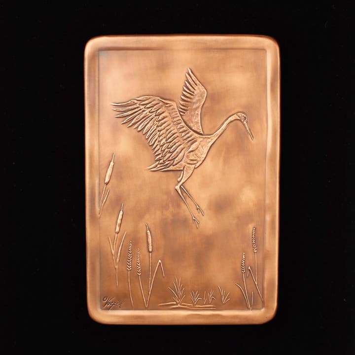 Crane Flying Copper Tile, 6" x 9" x 1/4", CFT69 for wholesale by Copper Art Tiles