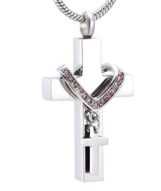 Cherished Emblems – wholesale Pendant/charm necklace – Silver Cross & Rhinestone Rosary Cremation Urn Necklace2