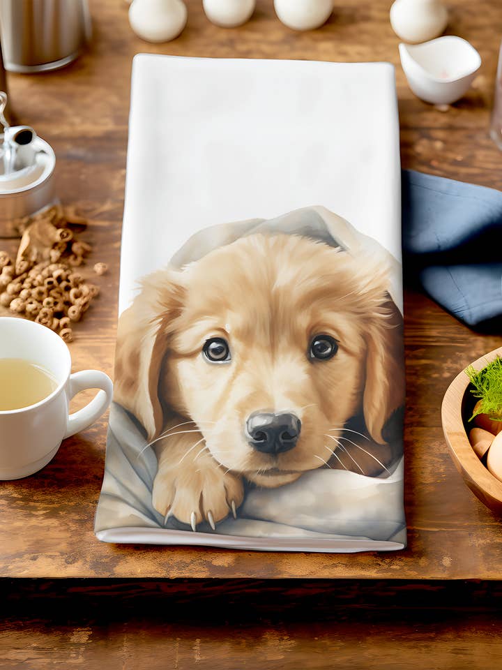 Rex - Joli chiot dans une couverture - Torchon unique pour chien pour la vente par Homemade Hollydays Wholesale