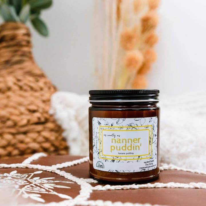 As Country As Nanner Puddin' Soy Candle (Banana Pudding) for wholesale by Misplaced Muse Creative