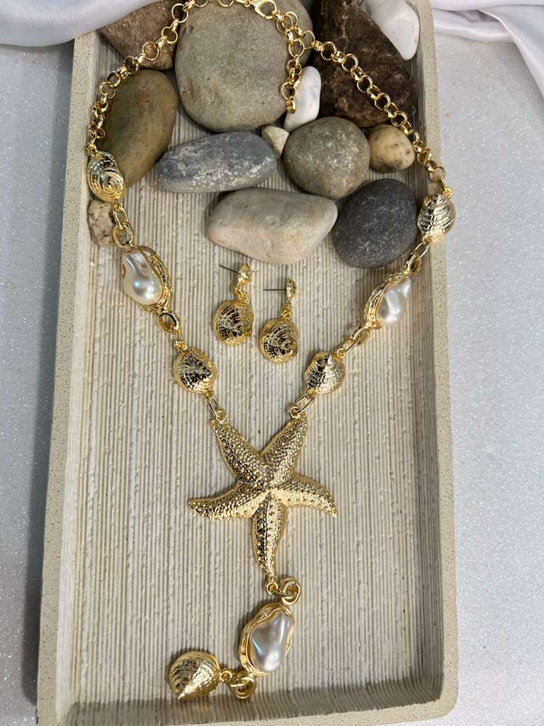 BUBU BY TEKIN SHOP - Wholesale Jewelry Set - Gold Starfish & Mallorca Pearl Necklace and Earring Set1